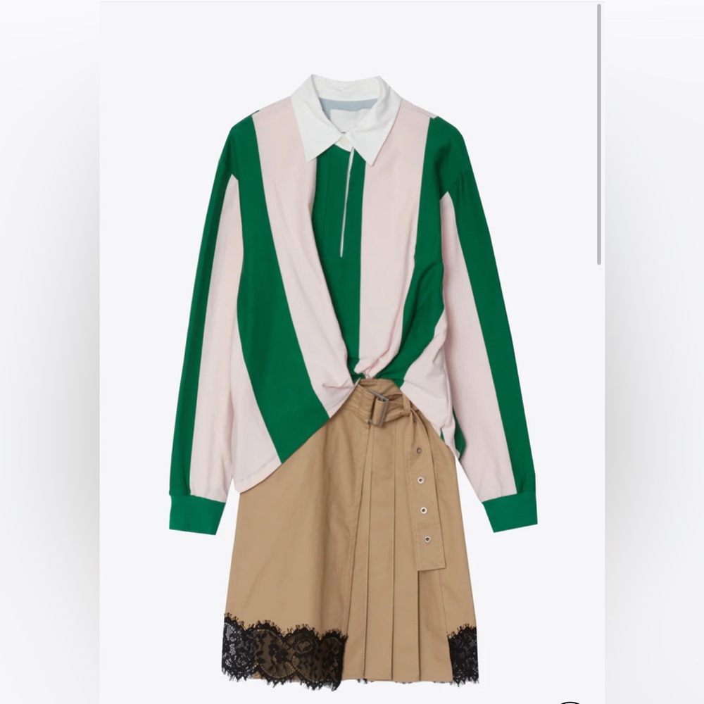 Phillip limm Green and Pink Striped Top with Tan Skirt